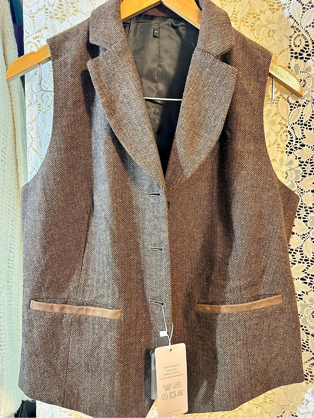 DRAHANCE Women's Herringbone Tweed Vest Brown & Black Large
